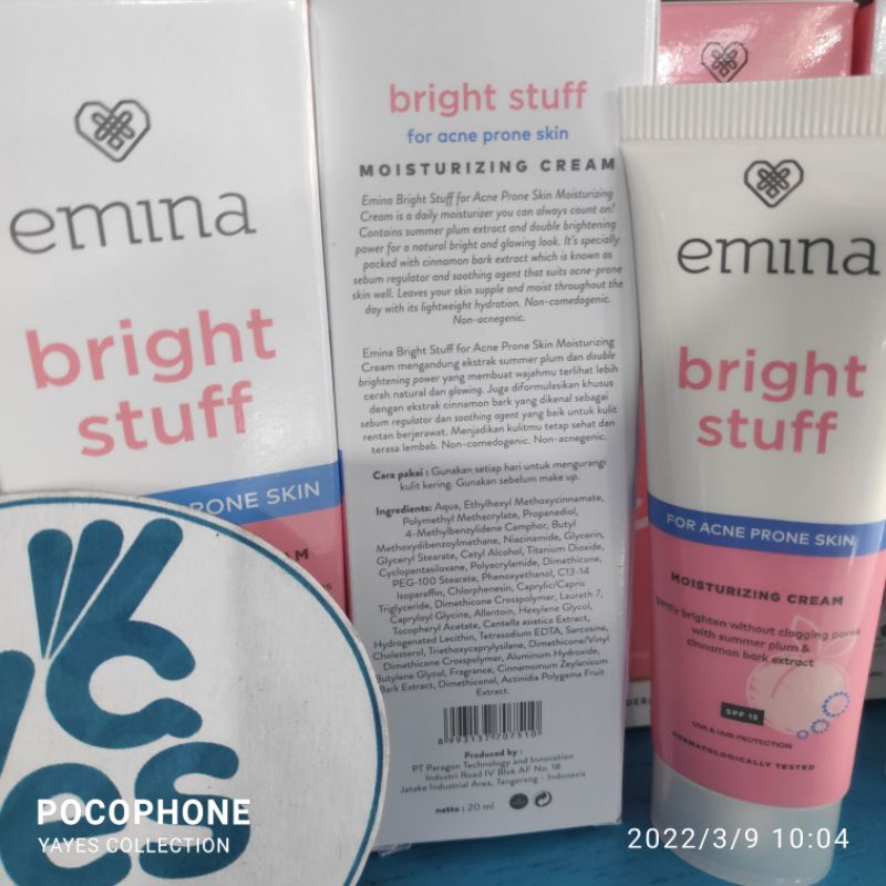 Emina Bright Stuff Moisturizing Cream 20 ml Acne Prone Skin Tone Up Krim Pelembab Muka Wajah Berjerawat Jerawat Normal Skin Glowing SPF 15 UVA UVB