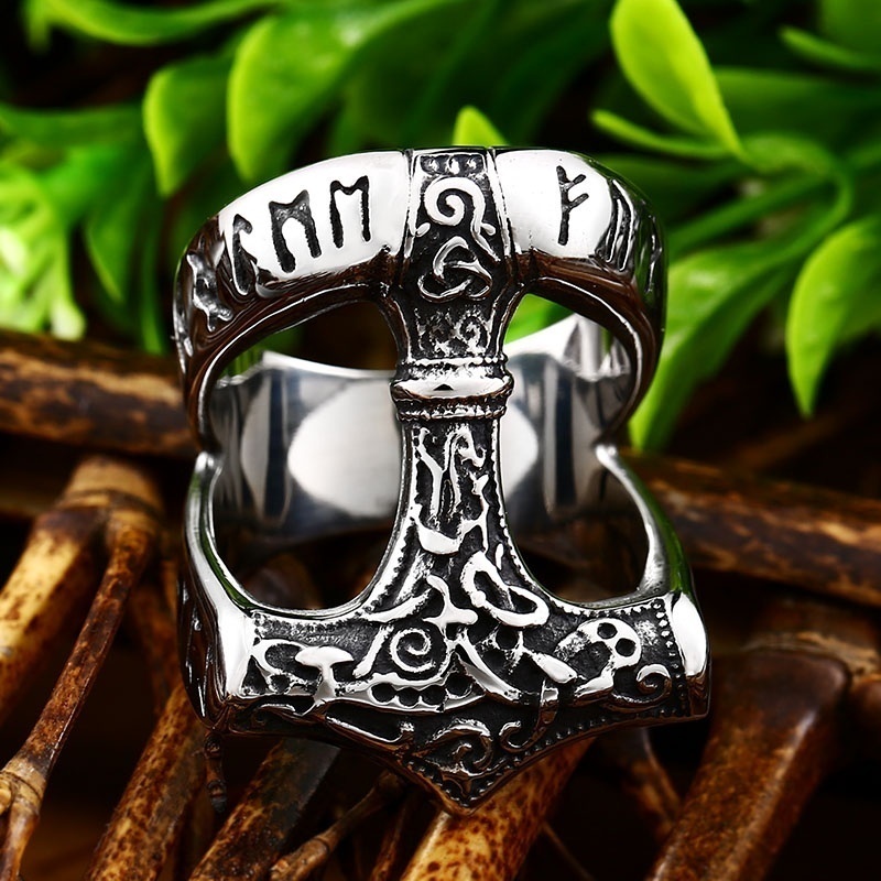 Cincin Silver Bentuk Palu Thor Gaya Punk Viking Untuk Pria