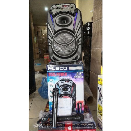 paket speaker portabel fleco f8606 free 2 pcs mic wireless + remote control promo