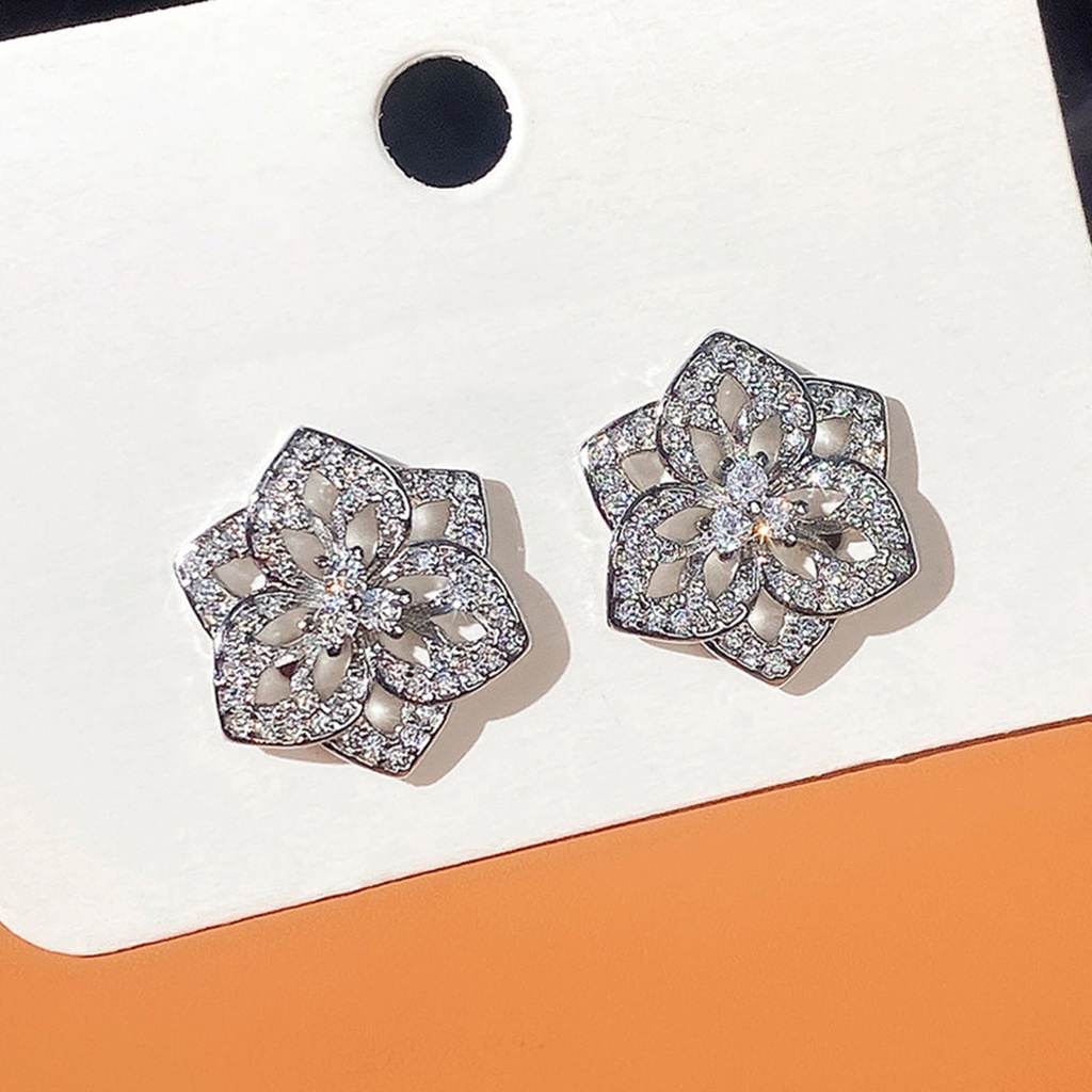 Anting Stud 925 Sterling Silver Desain Bunga Lab Aksen Berlian Untuk Wanita