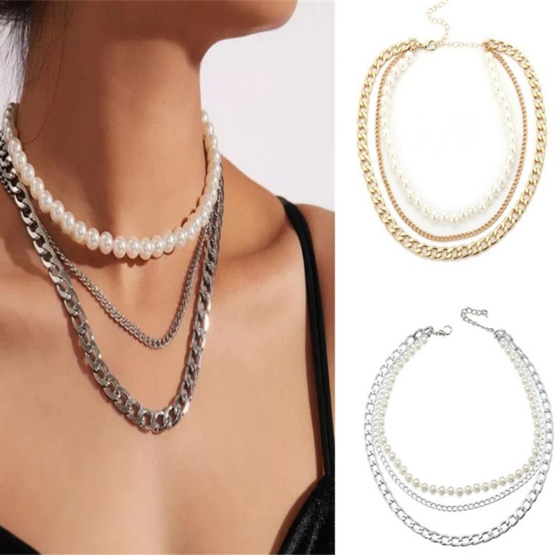 Kalung Rantai Korea Triple Layer Susun Mutiara Korean Pearl Multilayer Necklace Kalung Susun Tumpuk