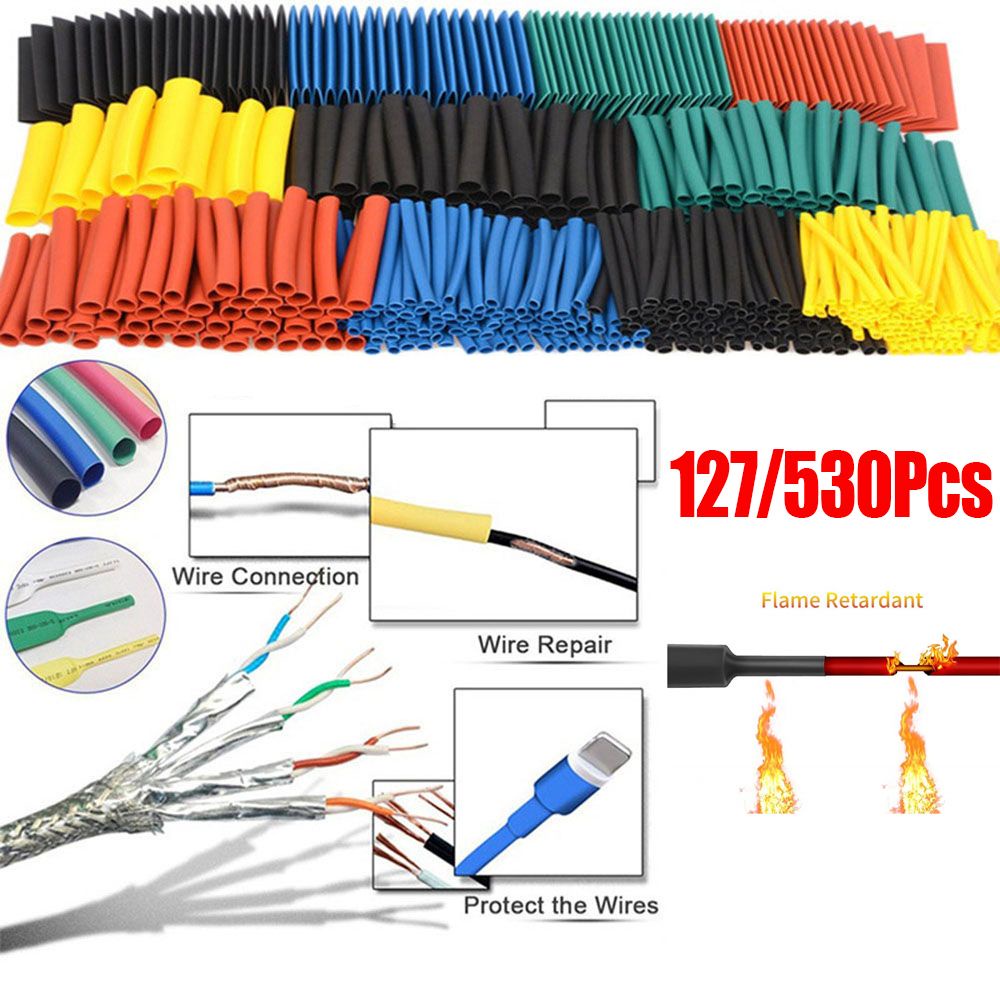 TOP 127/530Pcs Industrial Cable Sleeve Repair Tools Wire Wrap Kit Heat Shrink Tube Environmental Universal Flame Retardant Protective Protector Organizer