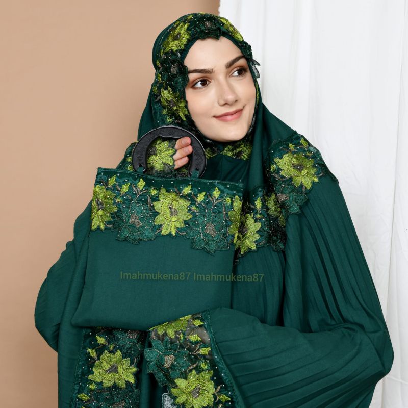 Mukena Dewasa Plisket Renda Bordir manik Bunga Mawar Mewah