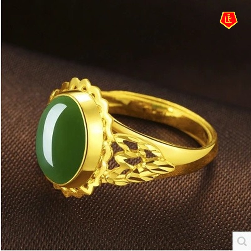 [Ready Stock]Women's Gold Inlaid with Jade Ring Hetian Jade Elegant Graceful