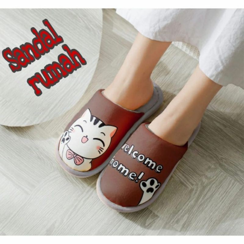 Sandal Rumah Hotel Empuk Nyaman Indoor Halus Motif Kucing lucu Garis Slipper