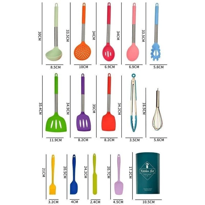 Silicone utensil set 14 pcs / peralatan masak sutil spatula silikon - warna Rainbow