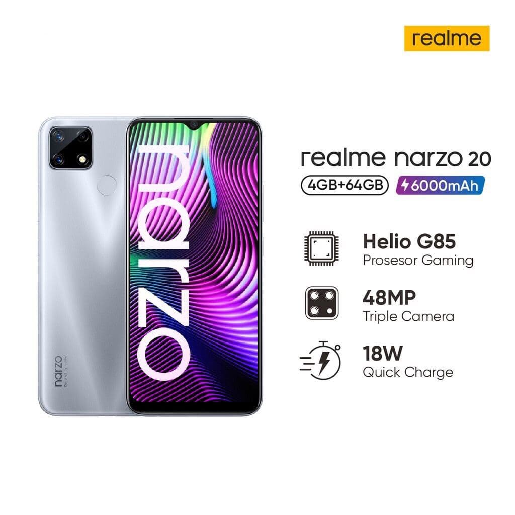 Realme Narzo 20 [4GB+64GB] MediaTek Helio G85 - 48MP Triple Camera - 6000mAh Garansi Resmi Realme