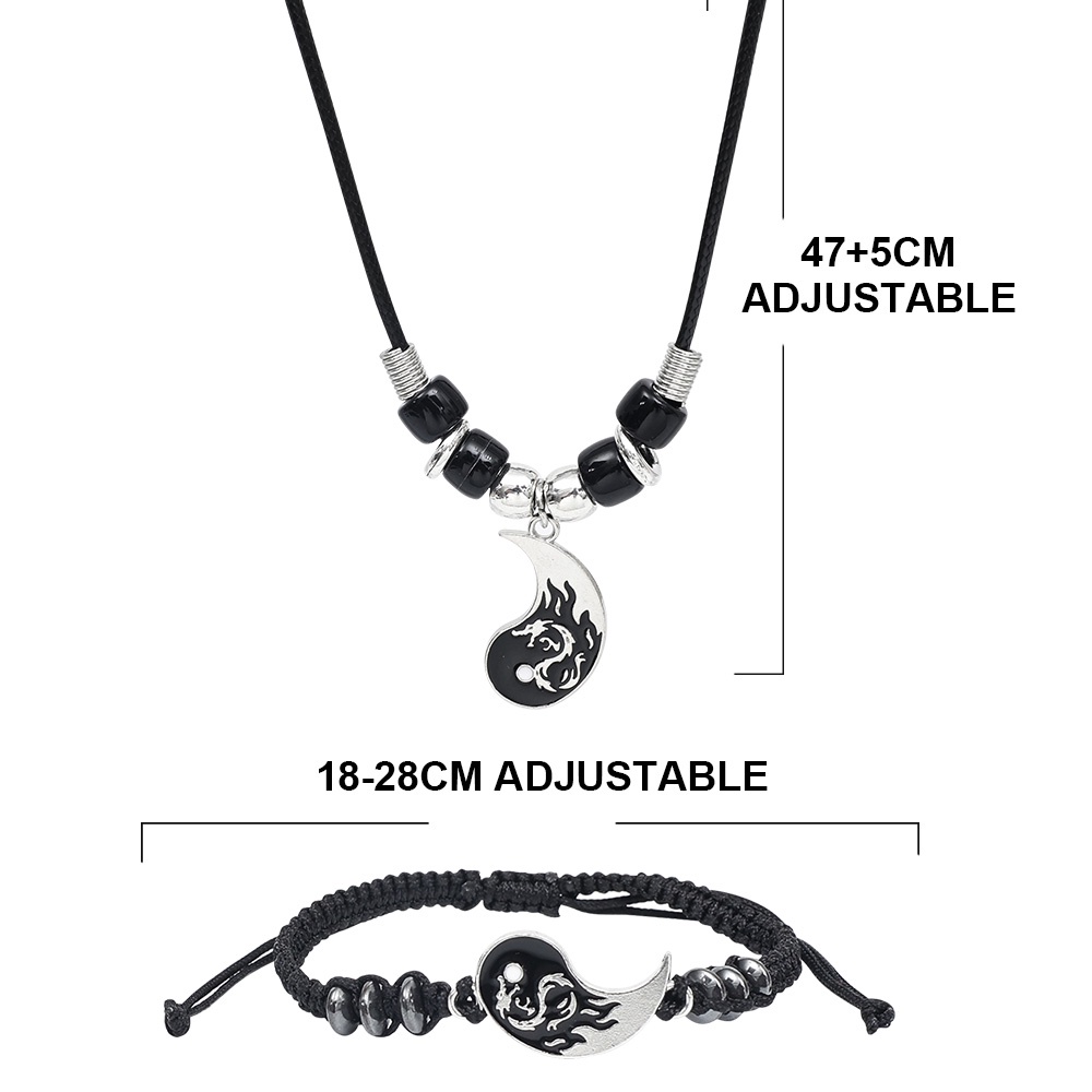 2pcs / set Gelang Kalung Liontin Yin Yang Bahan Alloy Warna Hitam Putih Gaya Retro Untuk Unisex
