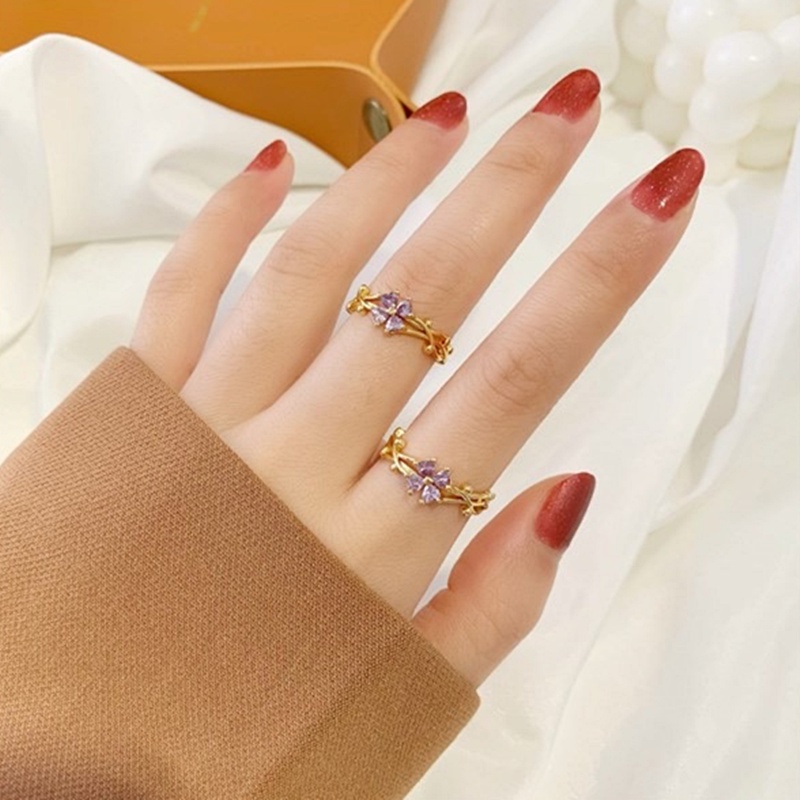 Cincin Titanium (Terbuka) Bunga Kristal Ungu Keberuntungan Perhiasan Wanita Korea