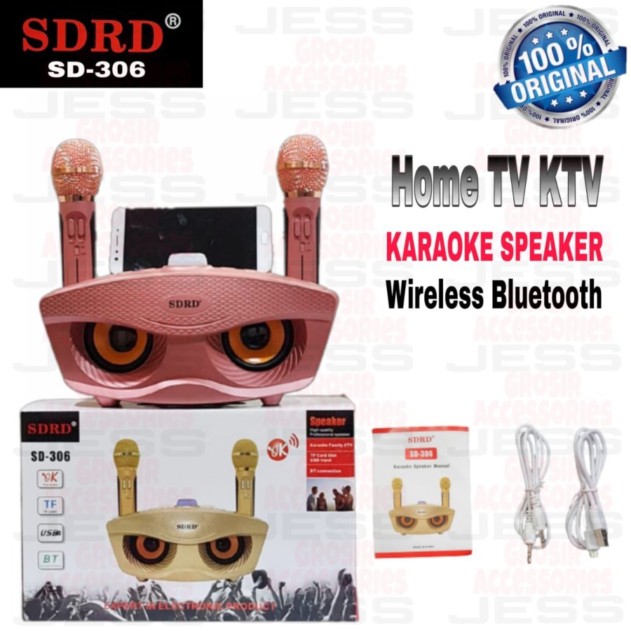 Speaker SDRD 306 Bluetooth Wireless Speaker Karaoke Merek SDRD 306 ORI 100%  Dual Microphone Wireless SDRD SD306 Mata Elang Motif OWL dapat 2 microphone duet karaoke