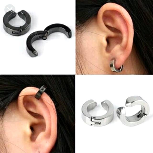 Anting Pria Jepit Titanium HQ ( Anting Pria Tanpa Tindik  ) / Fashion Pria/warna Silver dan Black