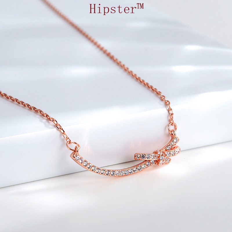 INS Style Minimalist Creative Design Full Diamond Smile Thin Bow Pendant Necklace