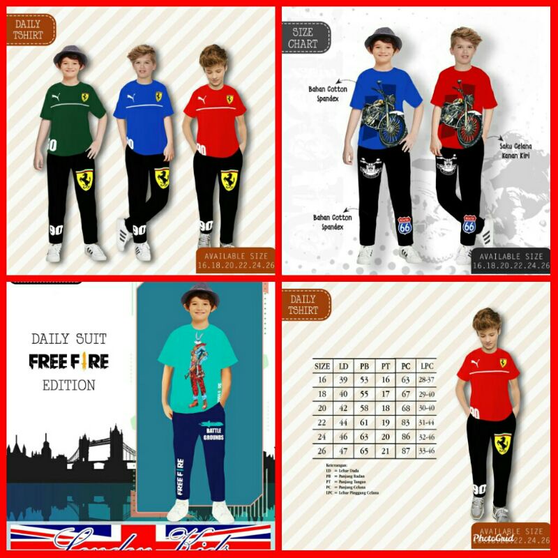 sz 16-26 SETELAN ANAK CELANA PANJANG LENGAN PENDEK LONDON KIDS FREEFIRE/SETELAN ANAK LONDON KIDS JUM