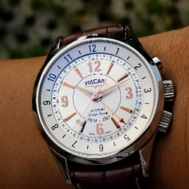 Original 2000s Vulcain Cricket alarm Dual Time aviator GMT memomatic memovox silver sunburst dial