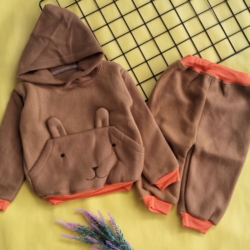 setelan sweater hoodie saku tebal lucu 6-18 bulan