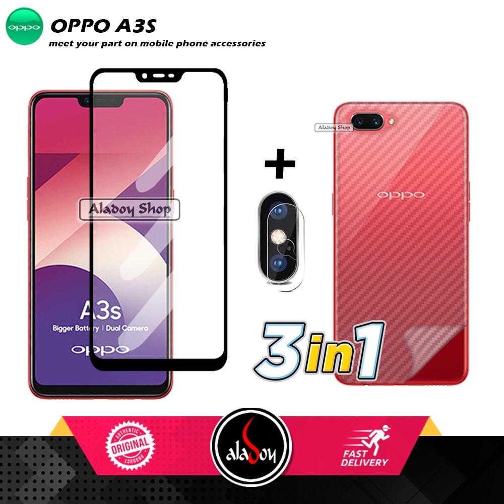 Paket Tempered Glass Layar Oppo A3s Free Tempered Glass Camera dan Skin Carbon