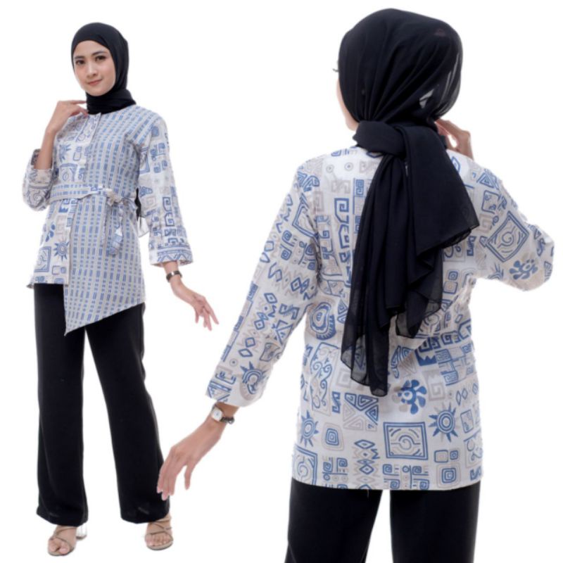 tey-17 Batik wanita ASJ SA HRB026 Kenongo Kemeja Tosca Pendek-Mentari biru