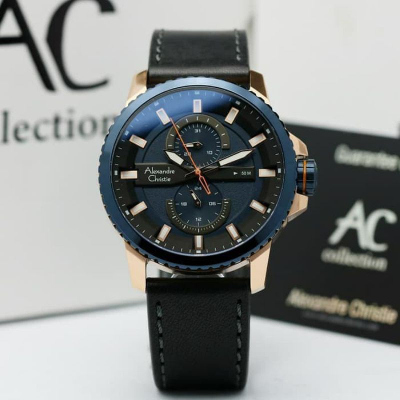 JAM TANGAN PRIA ALEXANDRE CRISTI AC6507/ac6507 ROSEGOLD BLUE TALI KULIT