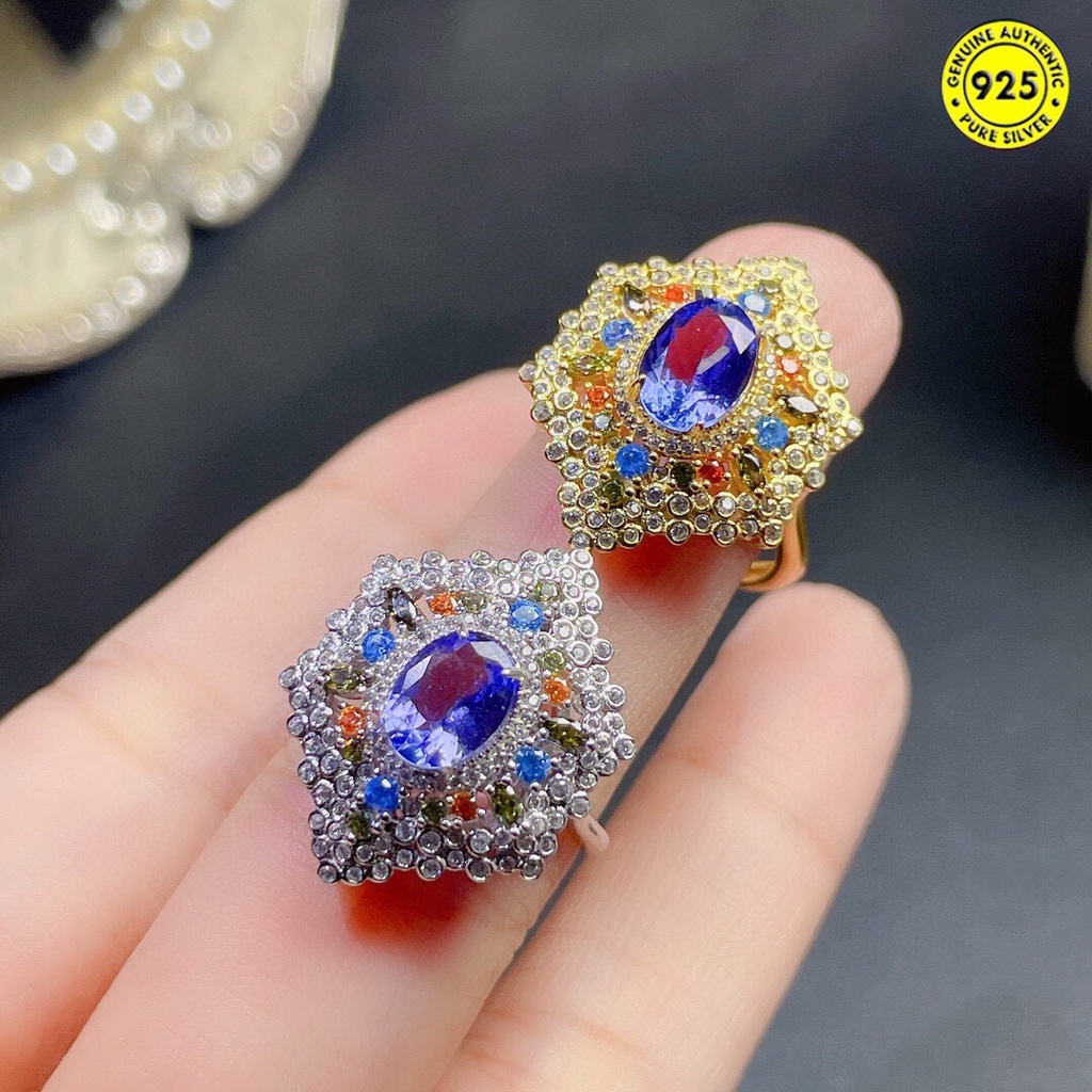 Cincin Model Terbuka Hias Batu Permata Tanzanite Ukuran Besar Gaya Mewah