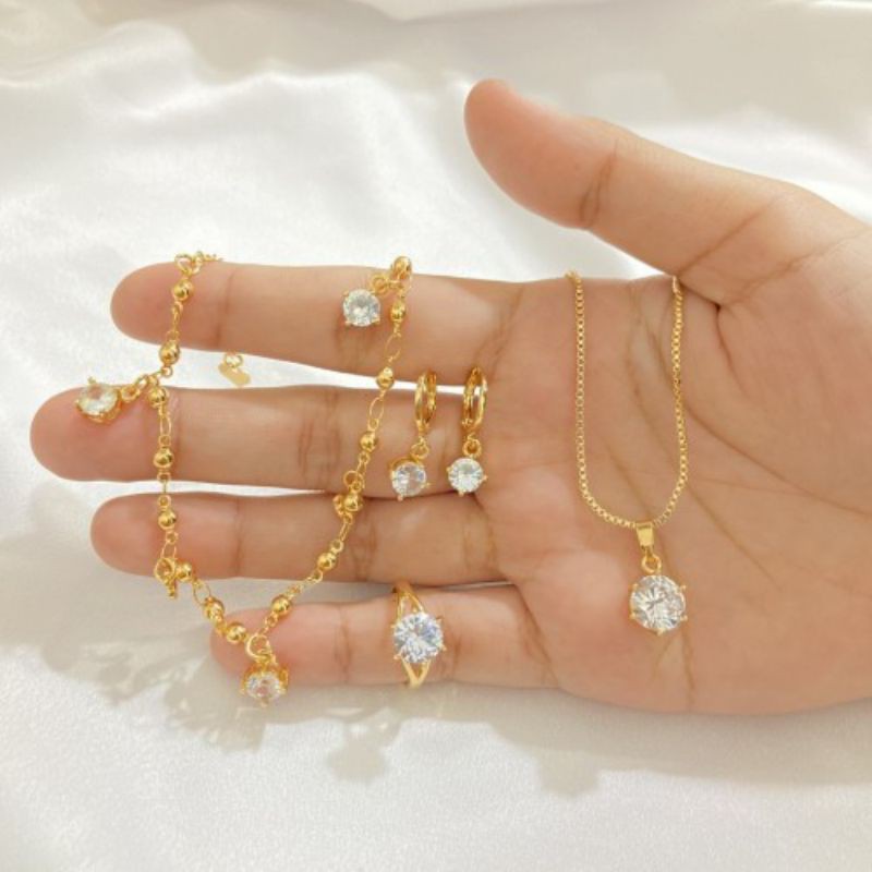 Set Perhiasan Wanita Dewasa Mata Satu Lapis Emas Asli Aksesoris Wanita Korea Fashion Perempuan Impor