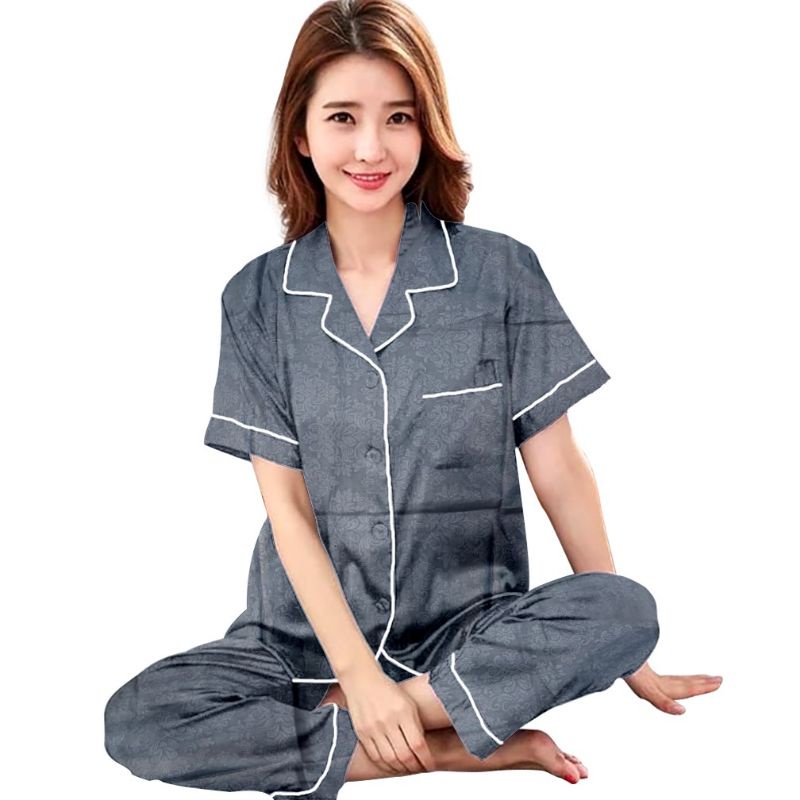 piyama embos wanita/piyama katun polos/baju tidur setelan/setelan kekinian-Cp embos lis abu