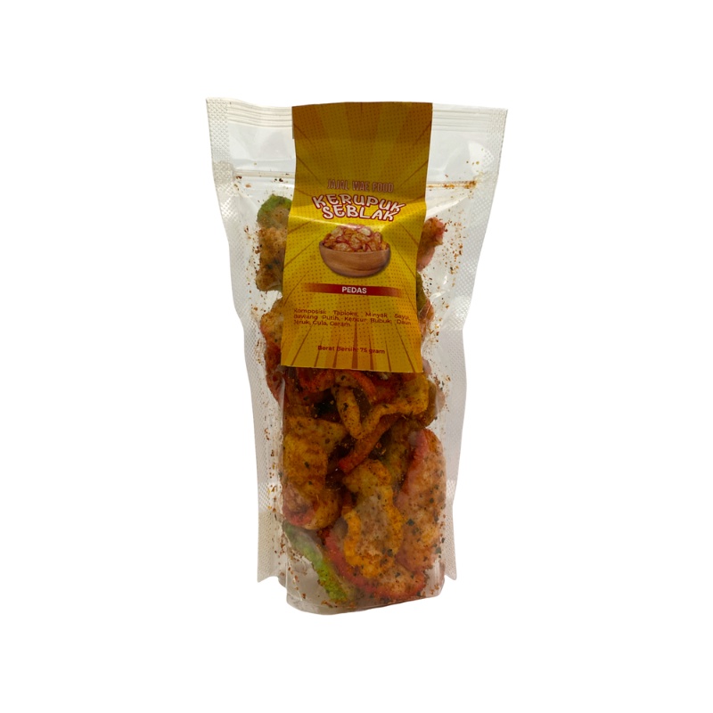 

kerupuk seblak pedas daun jeruk. kerupuk pedas kemasan standing pouch 75 gram. Dijamin NAGIH
