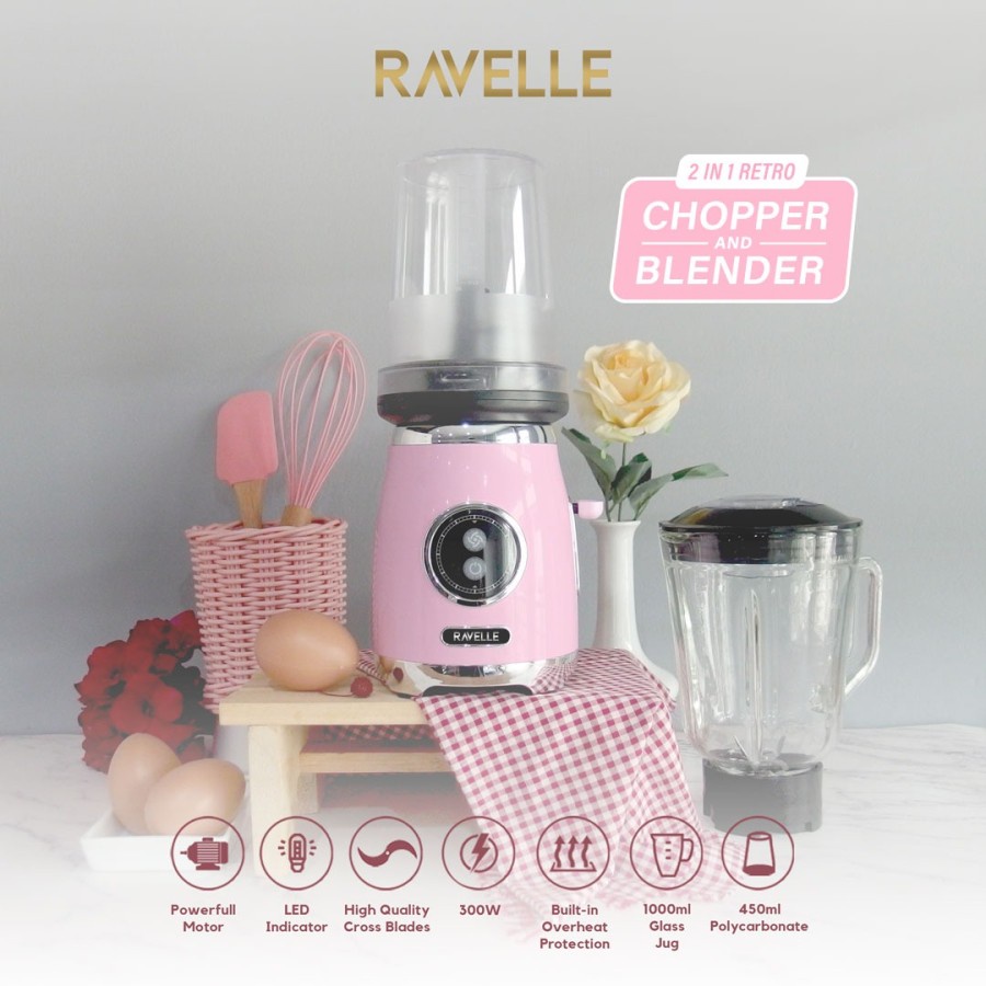 Ravelle Retro Blender Plus Chopper - Chopper Blender - Baby Pink