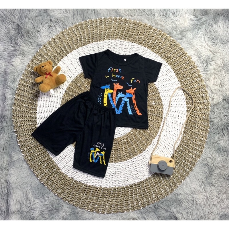 BAJU SETELAN PENDEK ANAK LAKI-LAKI / KAOS ANAK UNISEX JERAPAH HAVE FUN HAVE 0 BULAN - 7 TAHUN