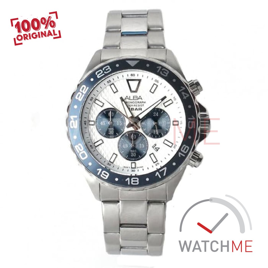 Jam Tangan Pria Alba Analog AT3909X1 Chronograph White Blue 50m Stainless Steel Ori Garansi Murah