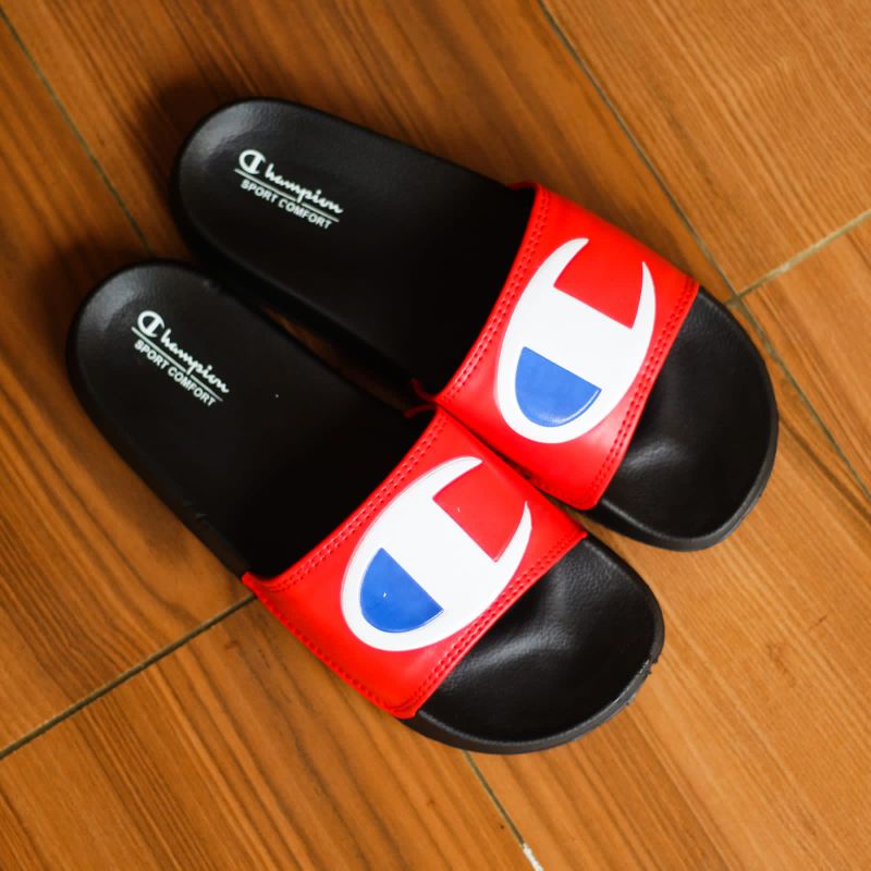 Sandal Slop Champion unisex terbaru original BNWB-Black red big logo