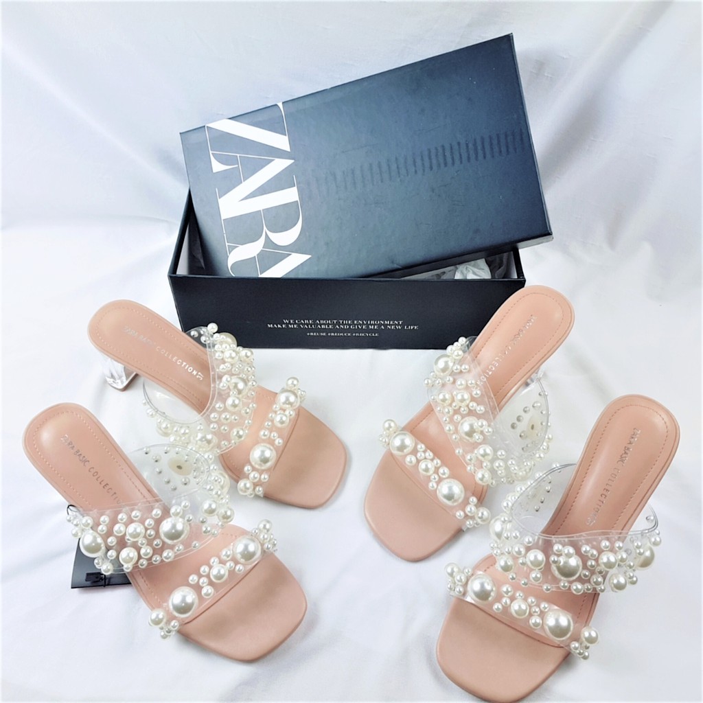Zara Heeled Double Strap Sandal with Pearl