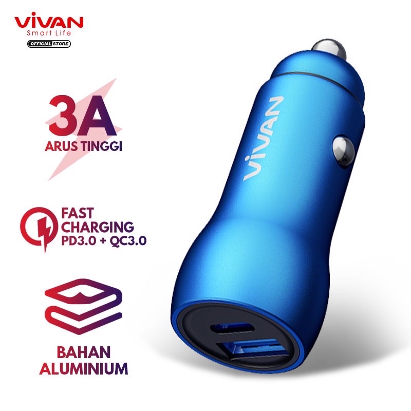 VIVAN CC04 Car Charger Casan Mobil 2 Ports USB-A &amp; Type C 20W 3A PD QC3.0 Fast Charging Garansi 1 Tahun Blue