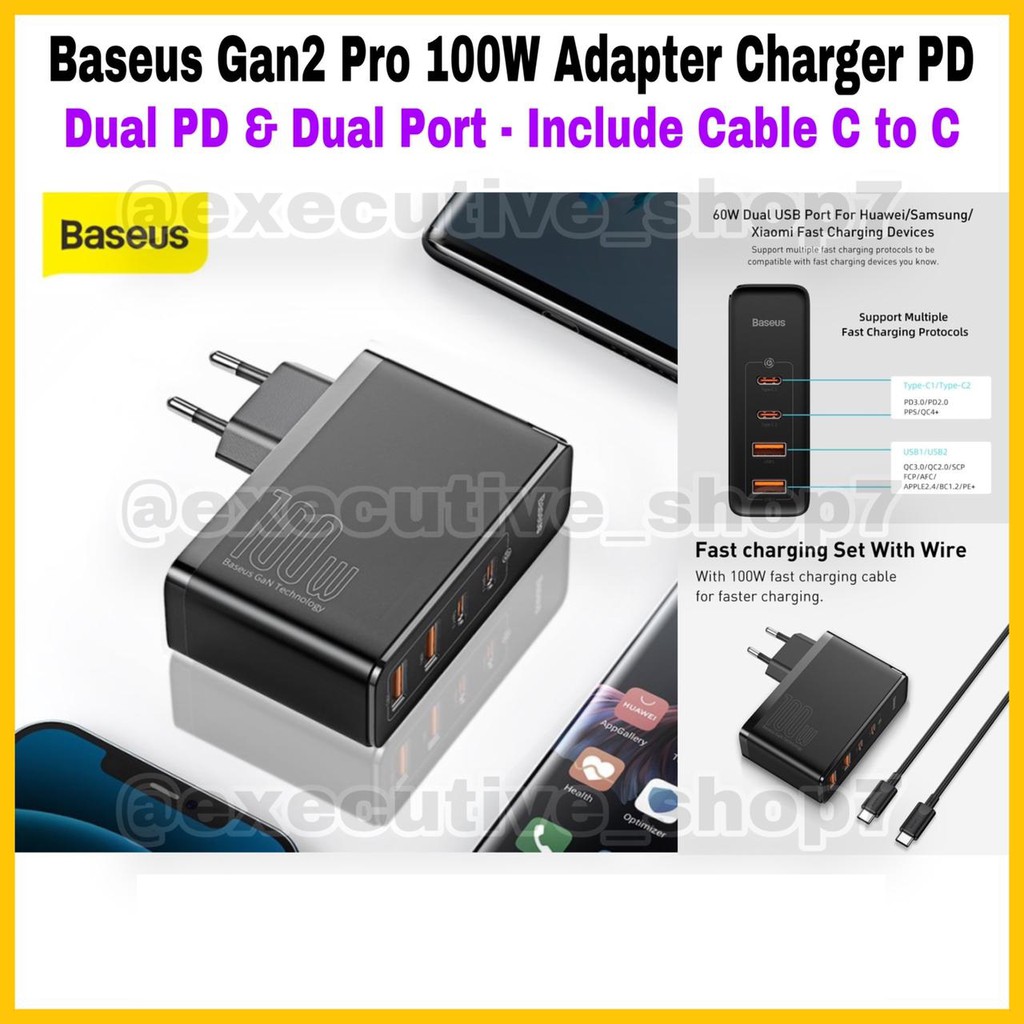 Baseus Cable Gan 2 Pro 100W Adapter Charger PD - Dual PD &amp; Dual Port - Include Cable C to C