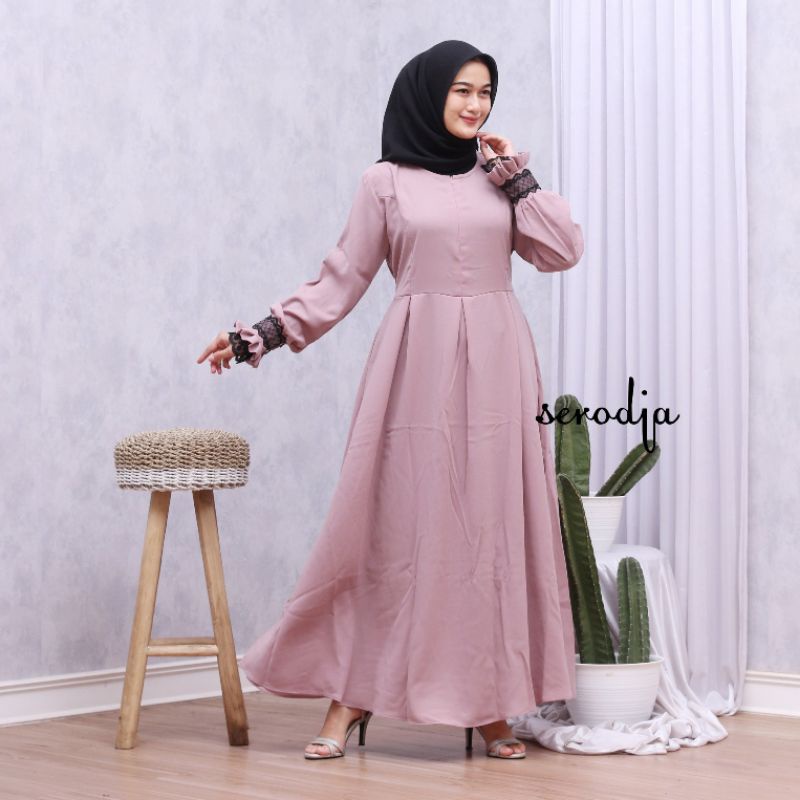 SERODJA Sahla Dress Gamis Simple Renda Rempel, Size M. L dan XL-Peach