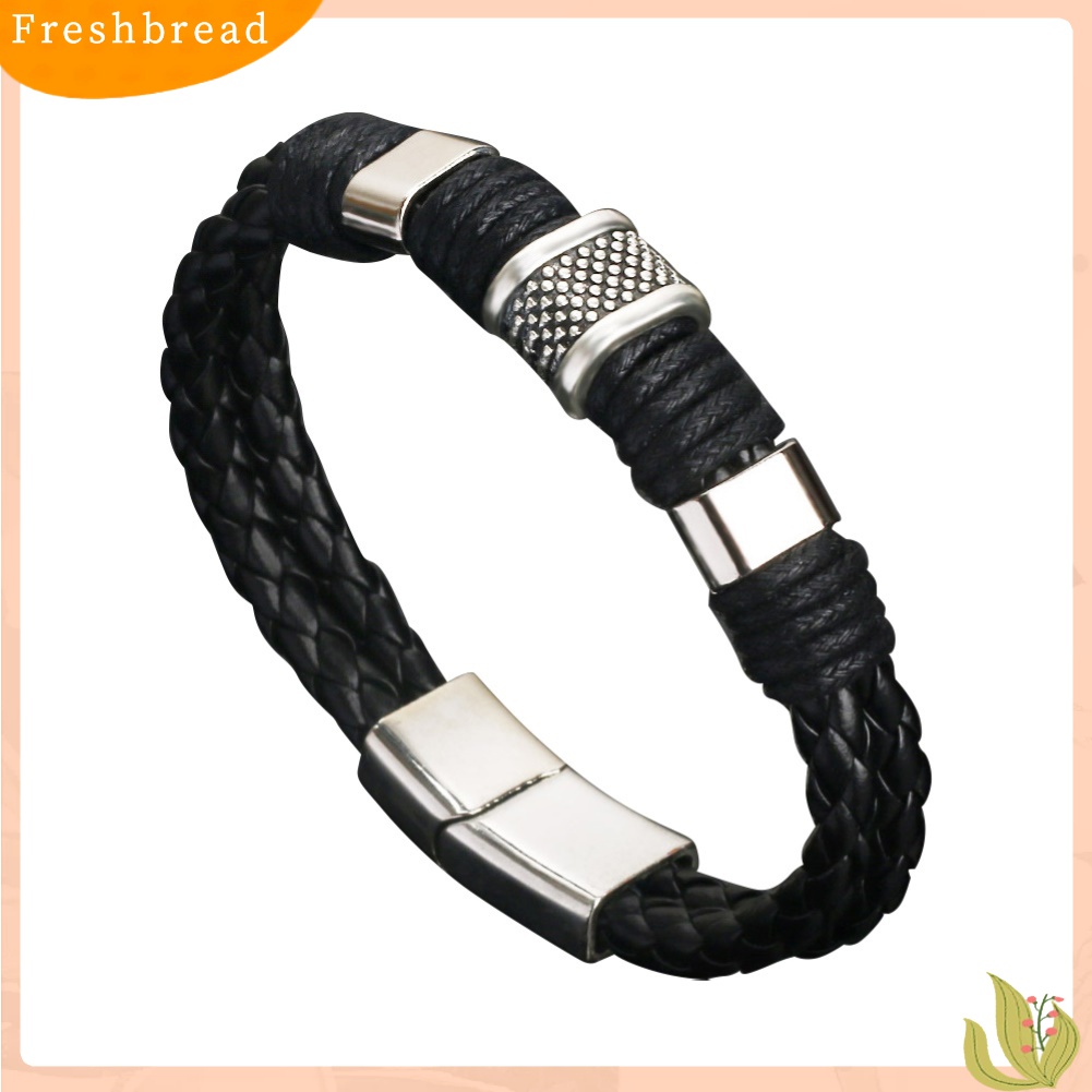 [TERLARIS]Fashion Mens Dual Layer Braided Faux Leather Magnetic Clasp Wrist Bracelet Gift