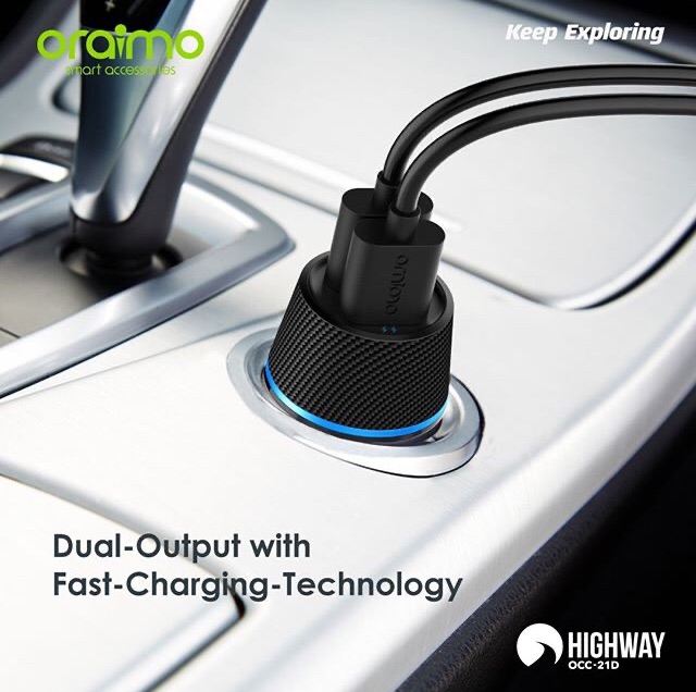 CHARGER CAS MOBIL CAR CHARGER  ORAIMO DUAL USB ULTRA COMPACT OCC-21D OCC21D GARANSI 1tahun 12 - 24 Range Volt Tanpa Kabel