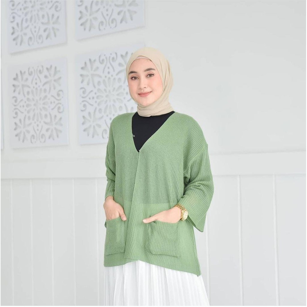 PREMIUM LOOCY POCKET CARDIE / KARDIGAN RAJUT SAKU POLOS locy Oversized cardy-Mint
