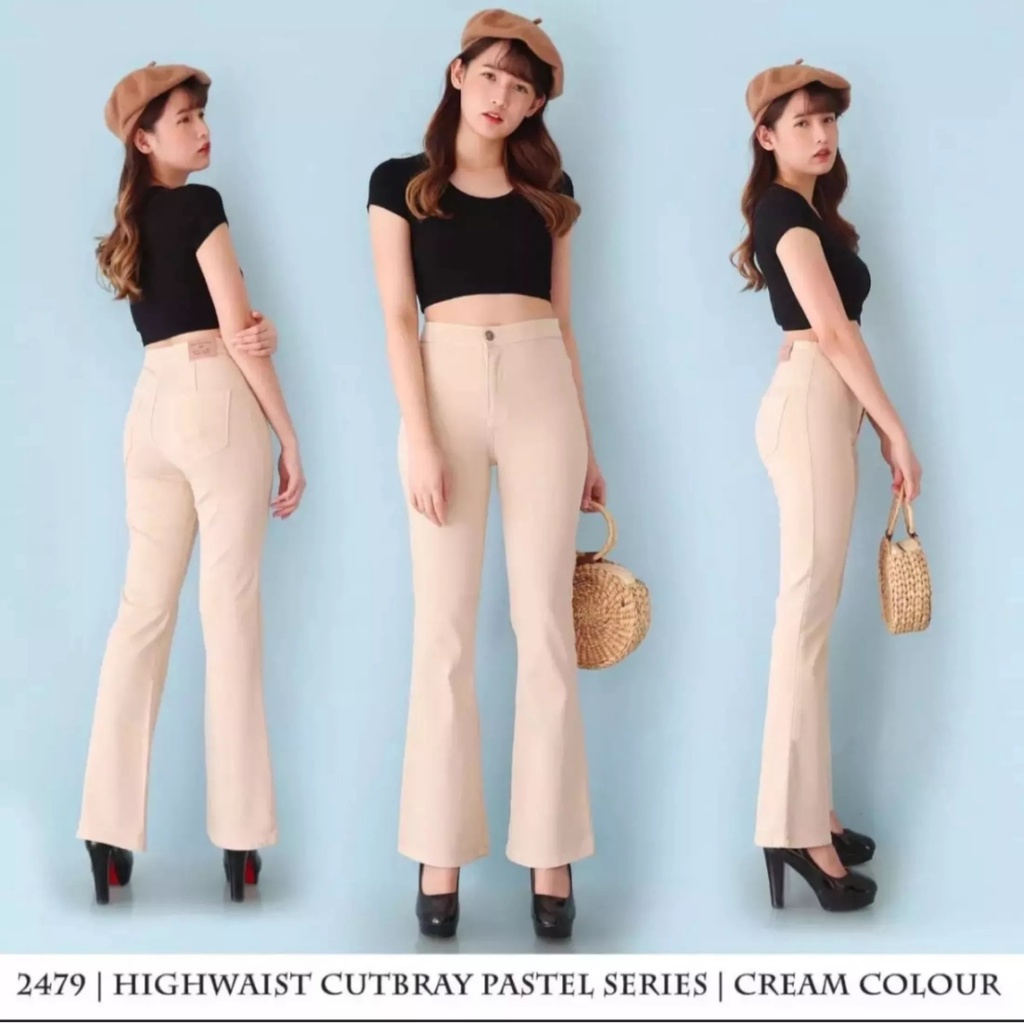 BESS - Celana Cutbray Highwaist Cotton Strench Wanita - CREAM