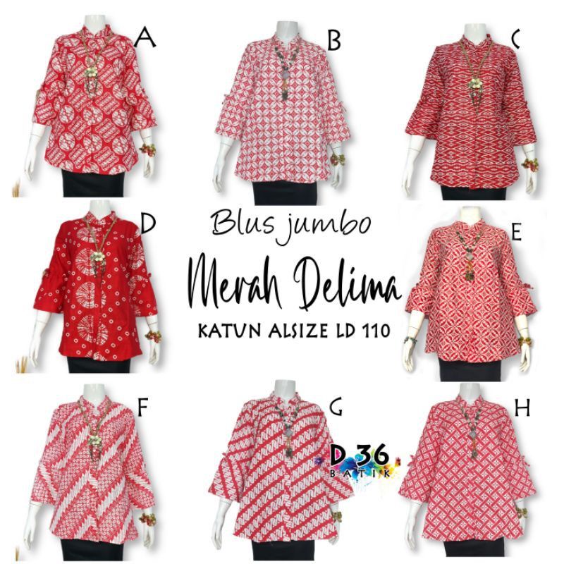 Atasan Blus Red Ruby Batik Jumbo Batik Merah Delima Seragam Batik Modern Casual Kerja Seragam Muslim