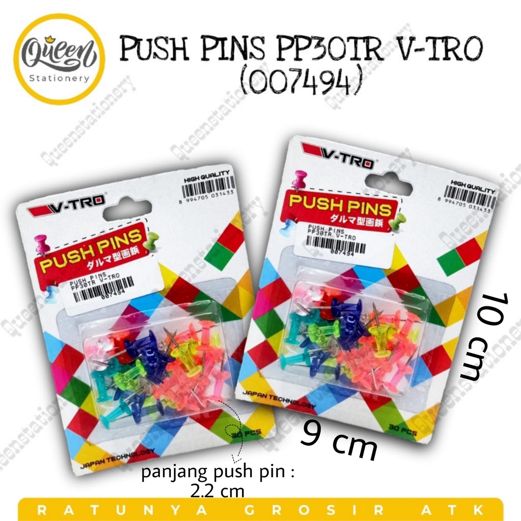 PUSH PINS PP30TR V-TRO (007494) / PINES LUCU /THUMBTACKS / PAKU PAYUNG WARNA-WARNI