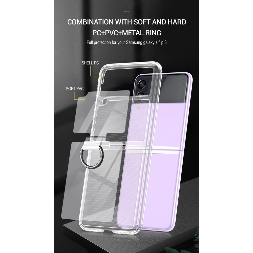 Casing Hard Case Bahan PVC Frosted Transparan Ultra Tipis Anti Jatuh Dengan Ring Holder Untuk Samsung Galaxy Z Flip 3