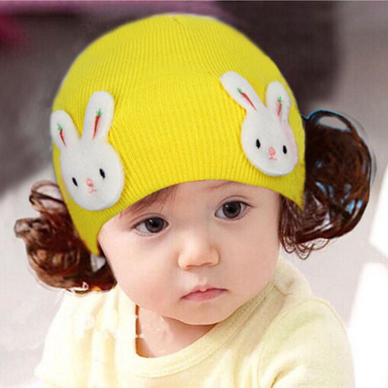 Topi Kupluk Cute Fashion Penutup Telinga Rajut Aksen Rambut Palsu untuk Bayi/Anak Perempuan