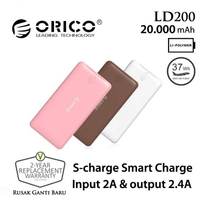 Power bank orico 20000mah polymer A+ 2 port usb 2.4a smart fast charger ld200 - powerbank 20000 mah ld-200