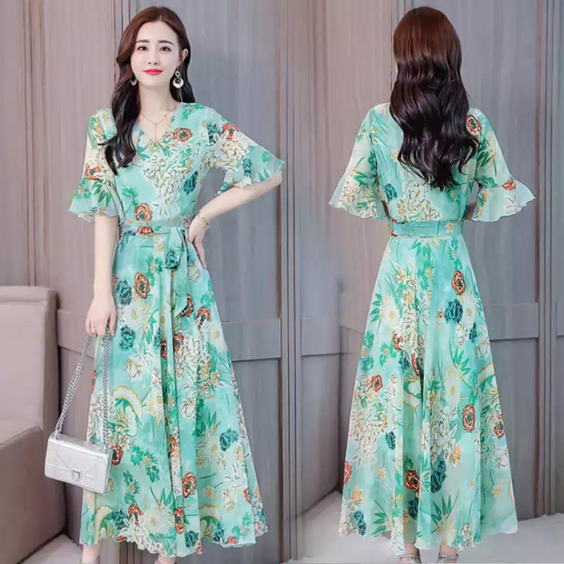 fashion single printed chiffon maxi dress