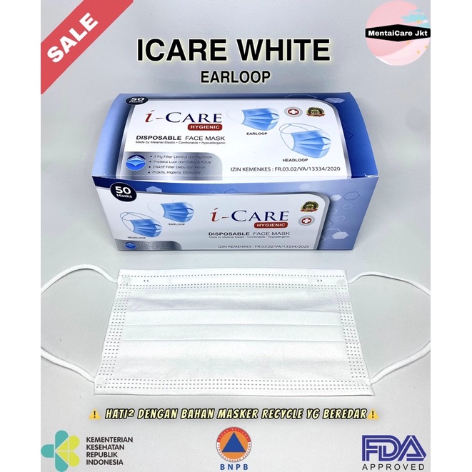 White Mask i-Care 3ply masker bedah putih isi 50pcs medis grade icare