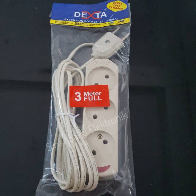 Stop kontak 3 lubang + kabel 3M 3 meter + lampu indikator / kabel roll murah dexta