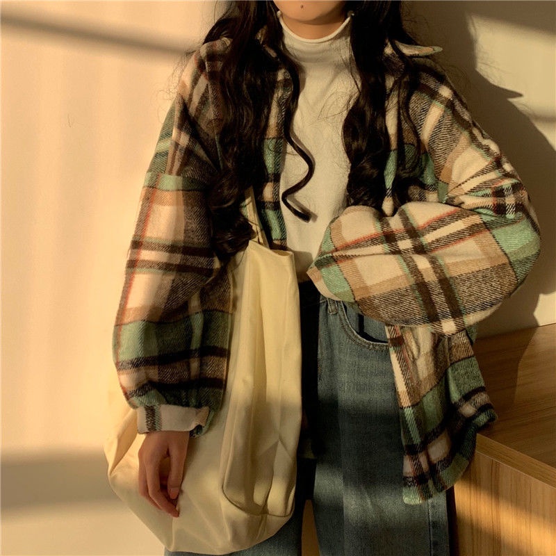 AJWShop Kemeja Flanel Wanita Lengan Balon Oversize Import Tebal Premium | Atasan Kemeja Wanita Jumbo Import Bahan Tebal | Kimberly Kemeja Flanel Import Premium | Kemeja Planel Wanita-TEBAL Green