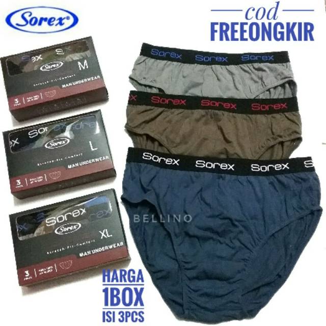 1Box Isi 3pcs Cd Sorex Man 3007 brief Celana Dalam Cowok Sorex Premium Classic Katun Size M L XL