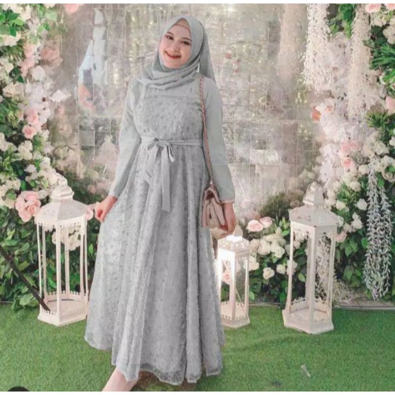 Dress Brukat Gamis abu Maxi jelita