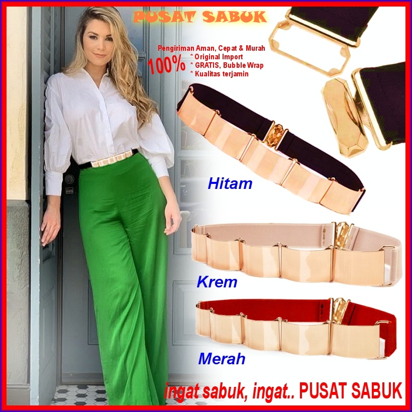 Gesper Plat GOLD Sabuk Karet Obi Ikat Pinggang Elastis Wanita Fashion Import Emas Women Belt 3 Hitam